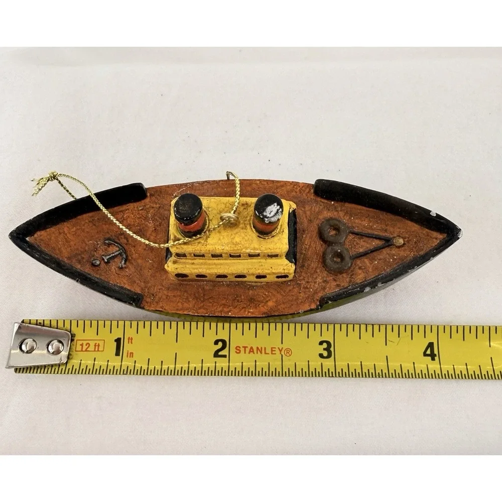 Vintage Hand Carved Wood Tugboat Ornament Folk Art‎ Nautical Boat